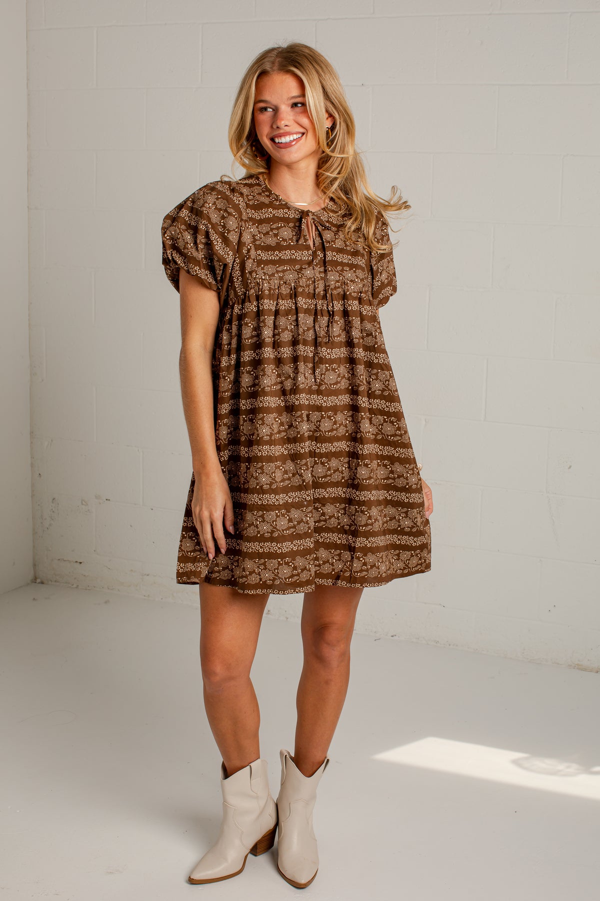 Apple Blossom Brown Floral Mini Dress