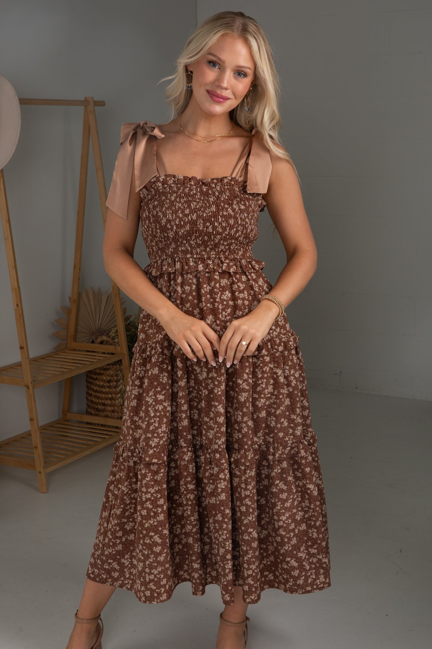 Cute Brown Floral Tiered Midi Dress Fall Dresses Dress Up