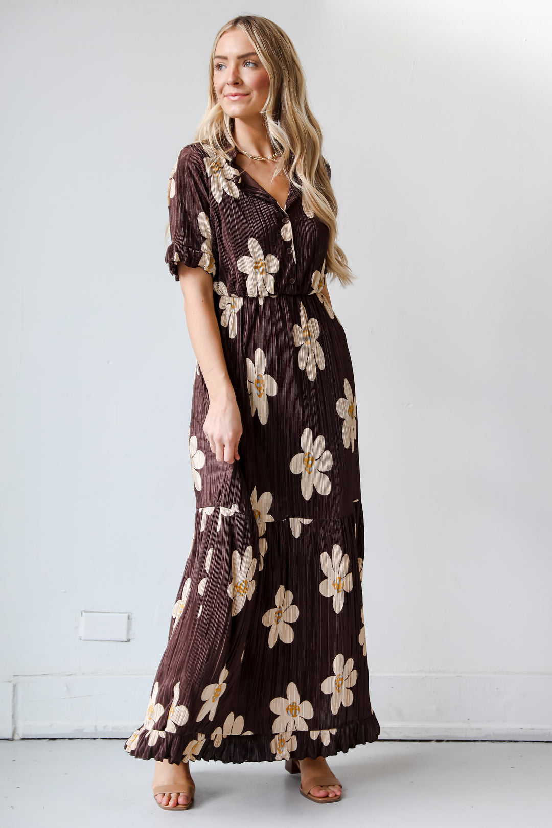 Brown Plisse Floral Maxi Dress