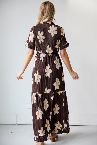 flowy Brown Plisse Floral Maxi Dress