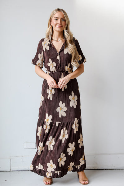 womens Brown Plisse Floral Maxi Dress