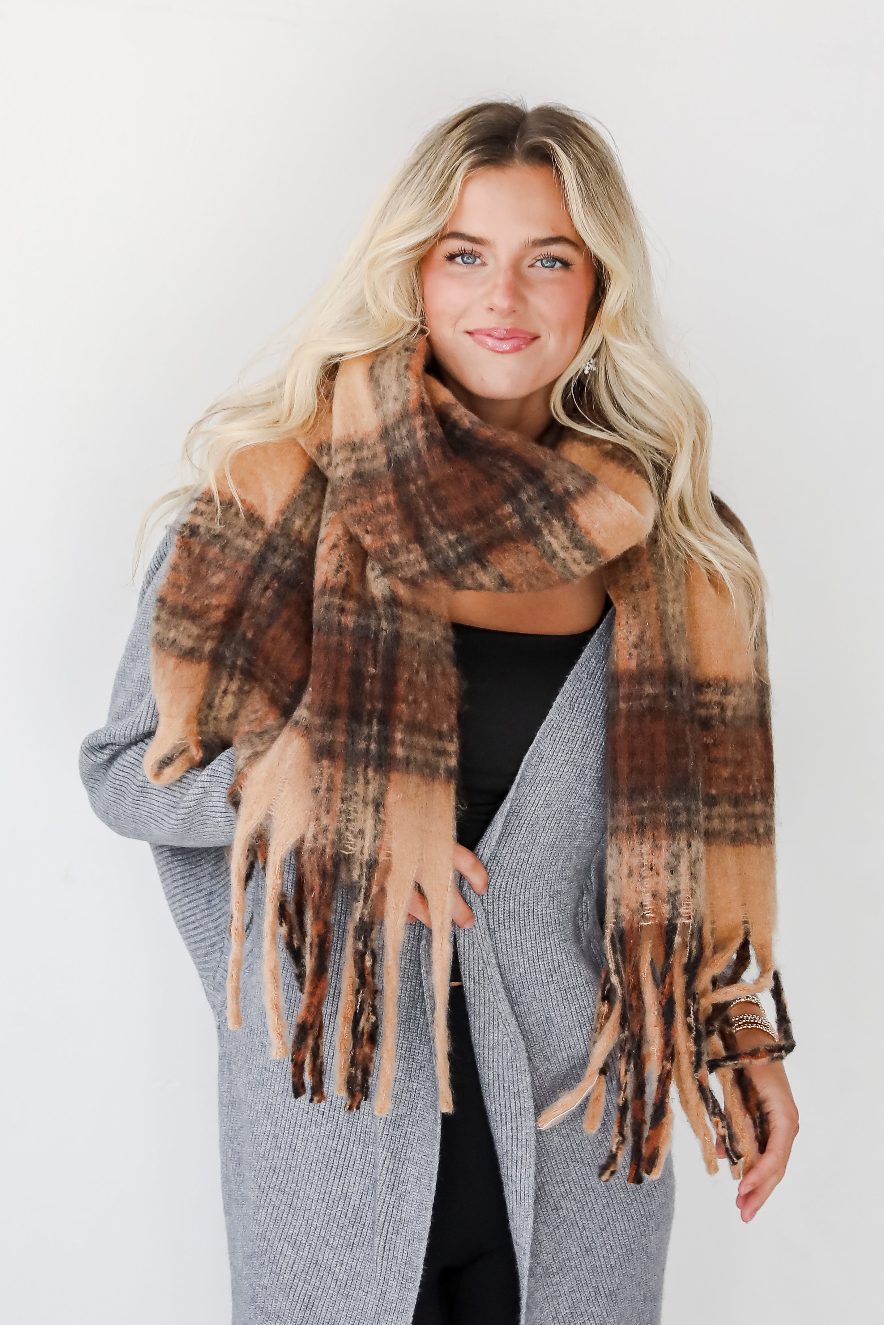 Snuggly Elevation Plaid Fringe Scarf