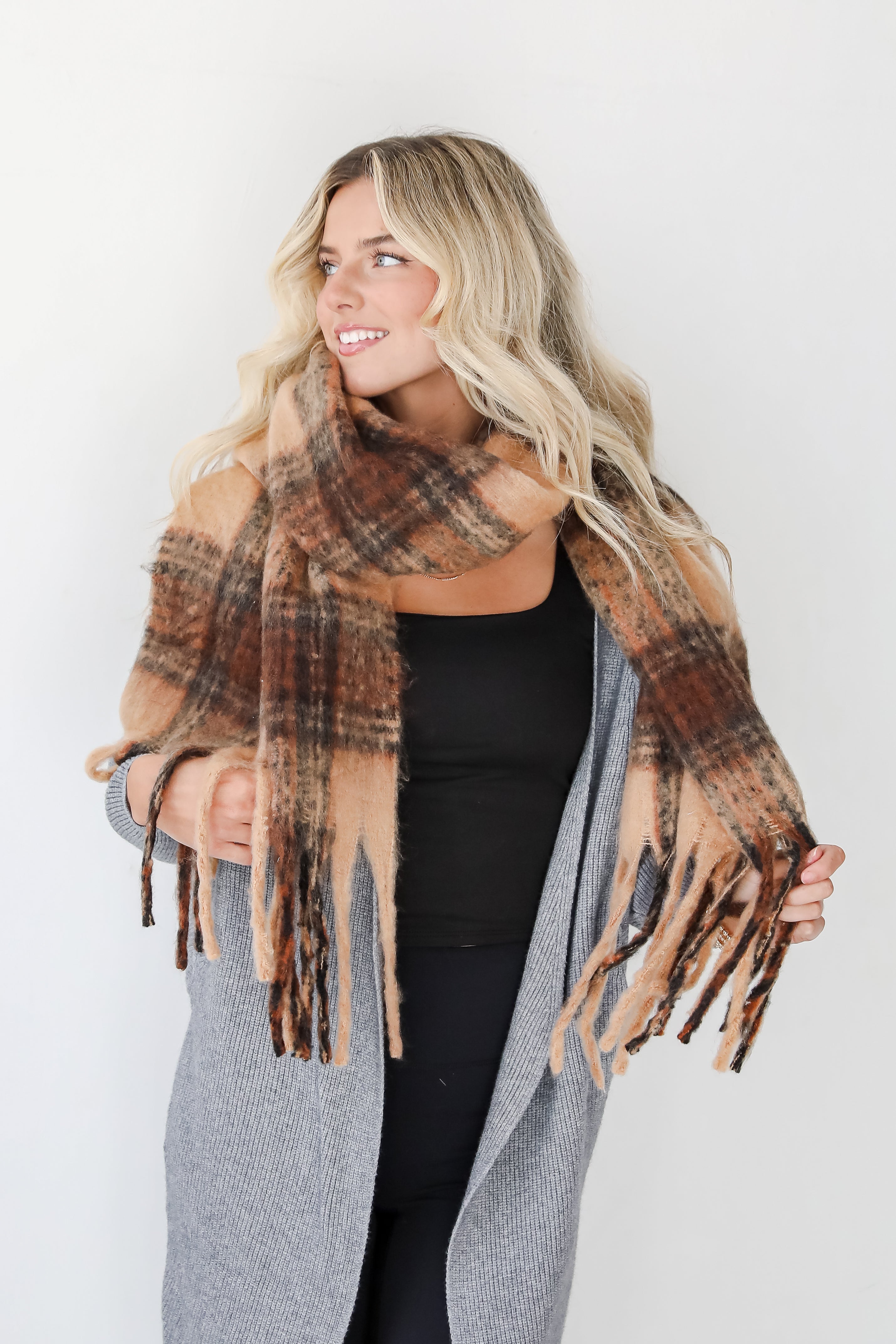 Snuggly Elevation Plaid Fringe Scarf