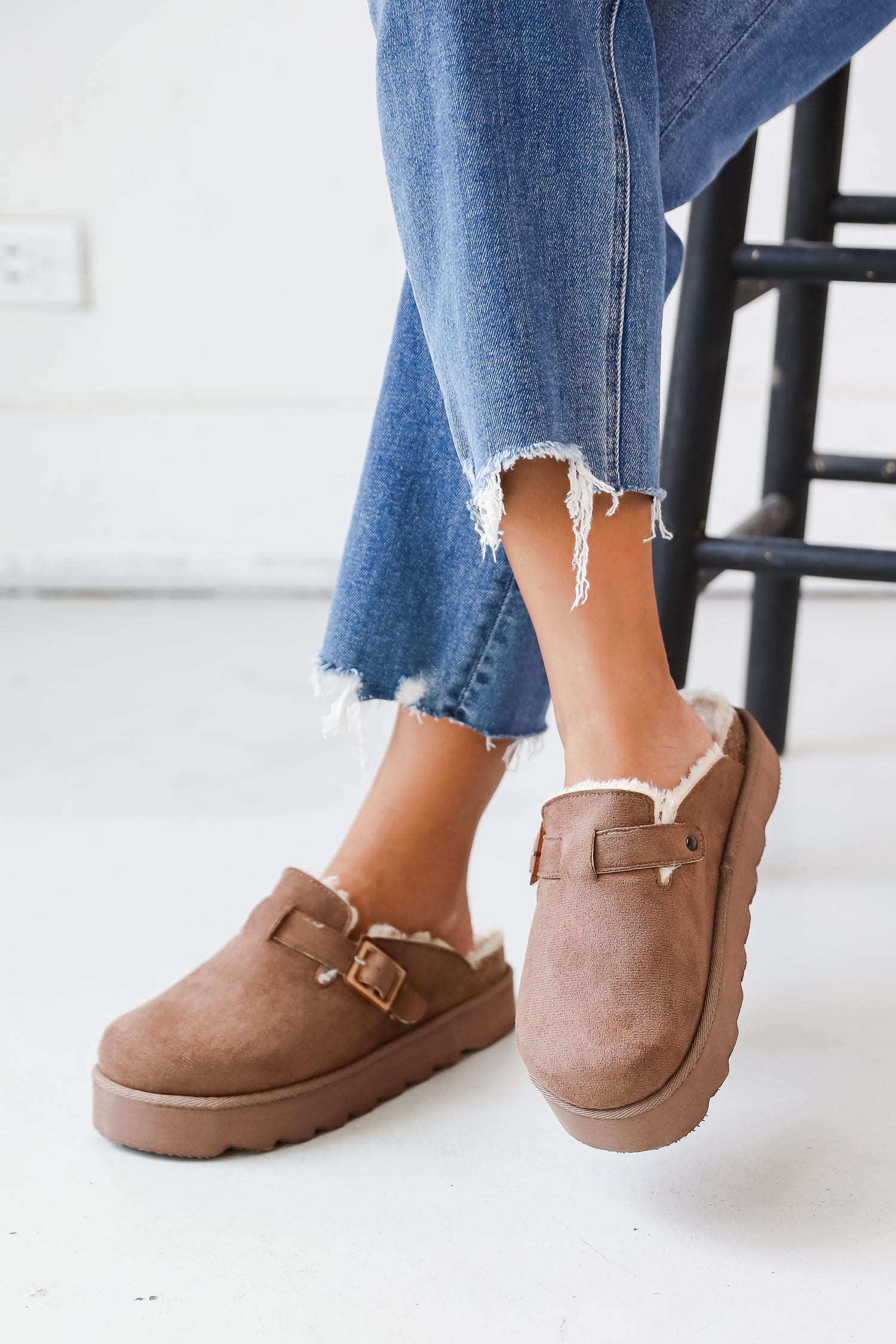 Loafers Fuzzy Slip On Shoes Taupe Fur Lined Platform Slip-On Clogs