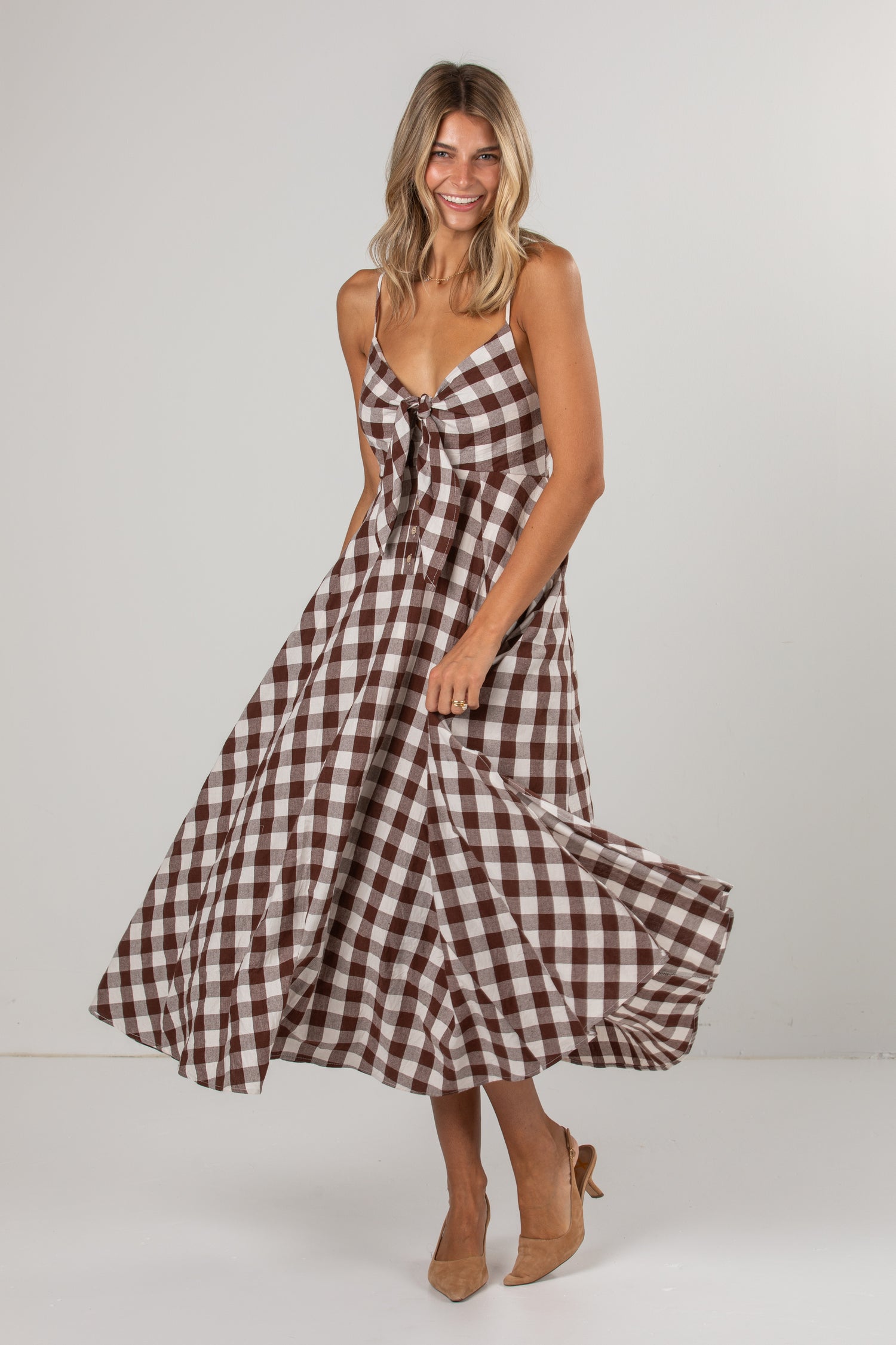 Countryside Stroll Gingham Brown Midi Dress