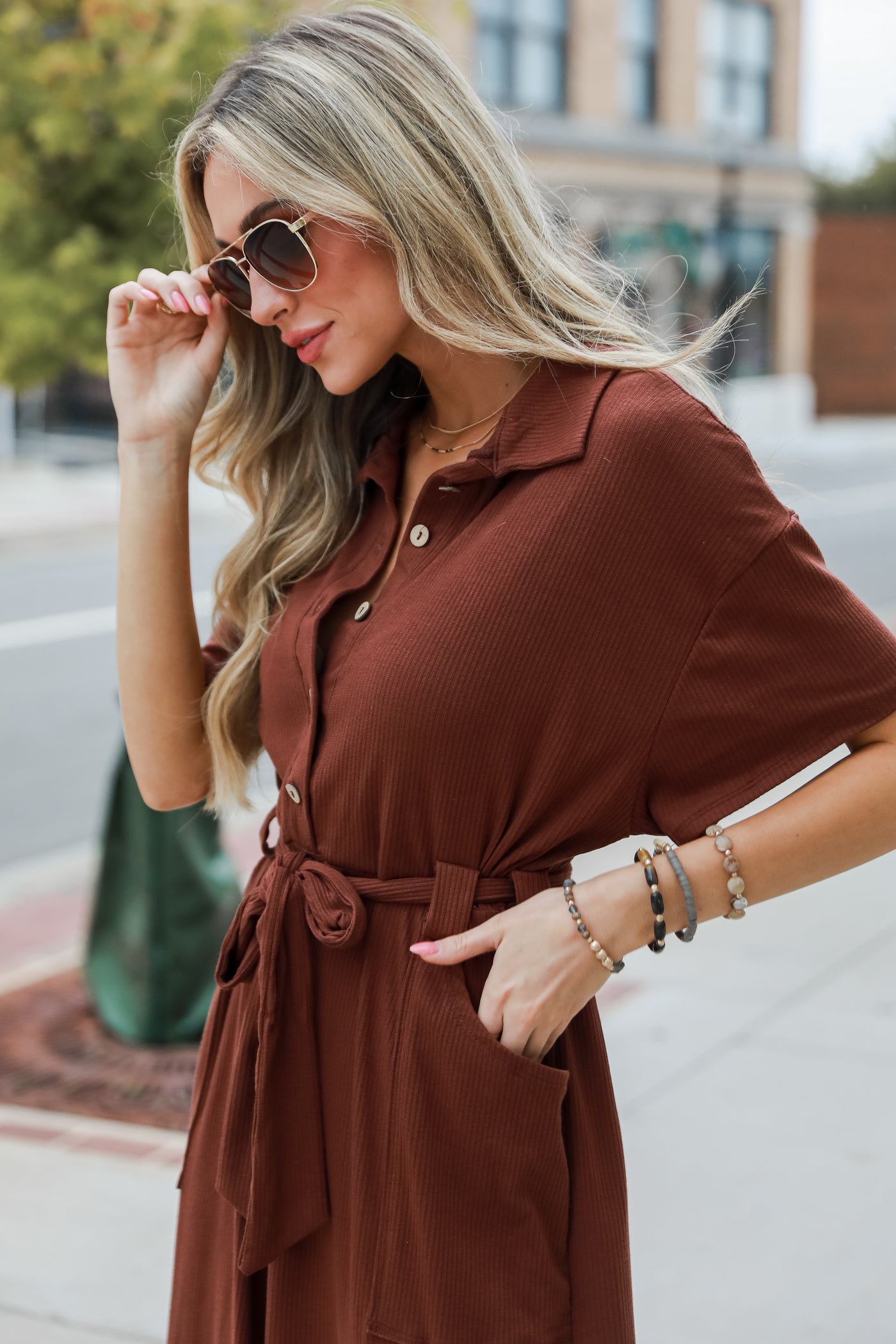 brown Ribbed Knit Jumpsuit on model