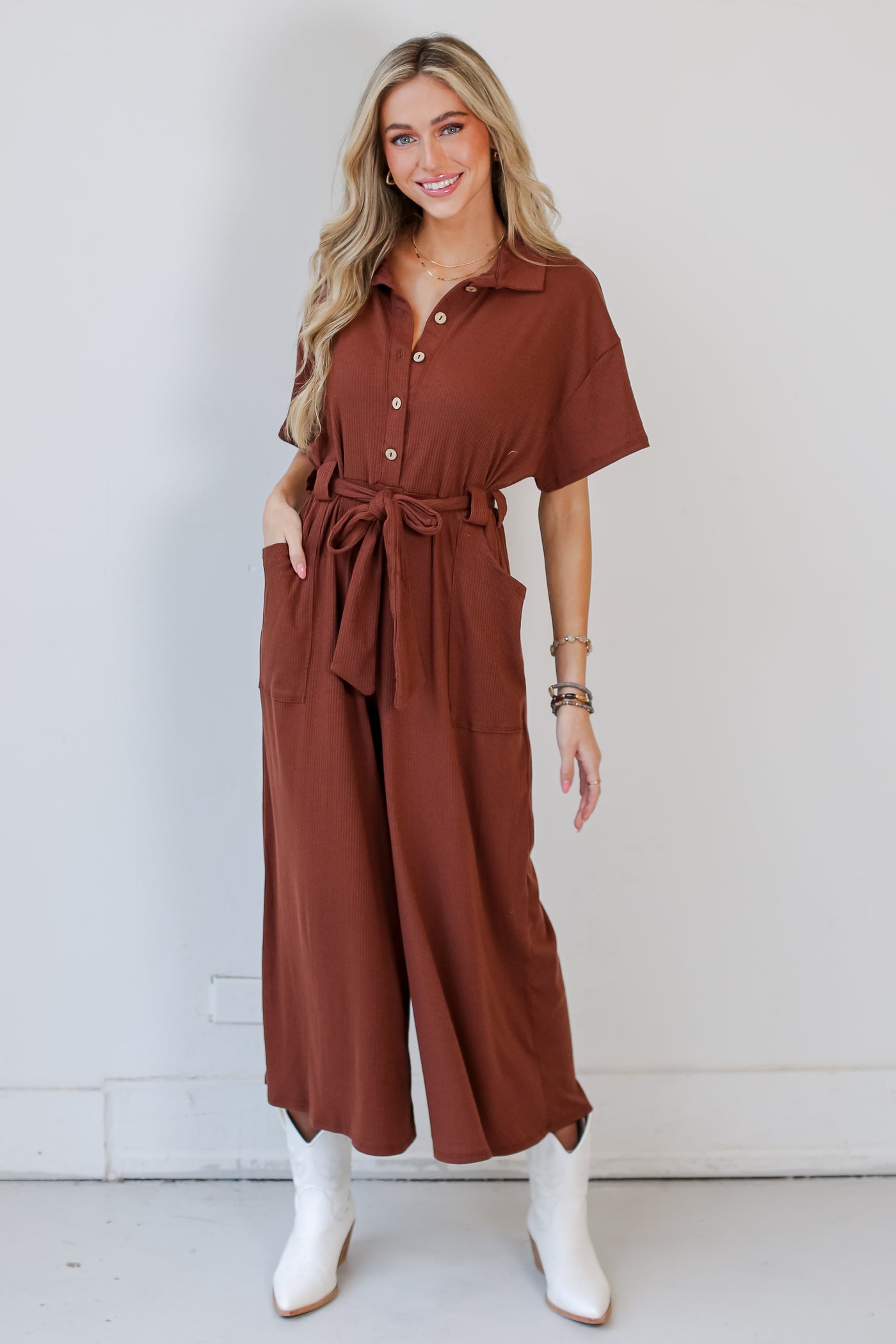 brown Ribbed Knit Jumpsuit front view online dress boutiques