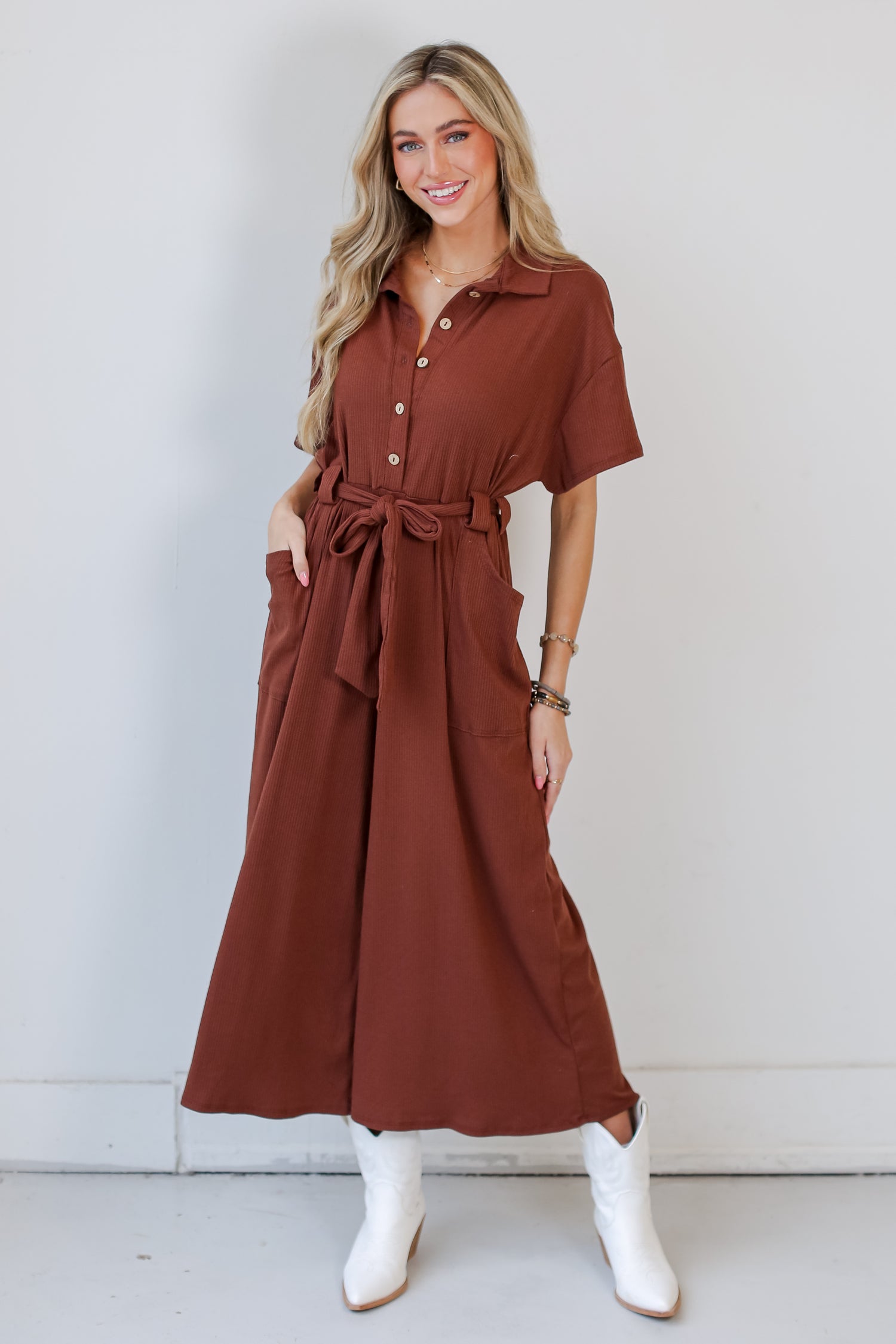 brown Ribbed Knit Jumpsuit on dress up model