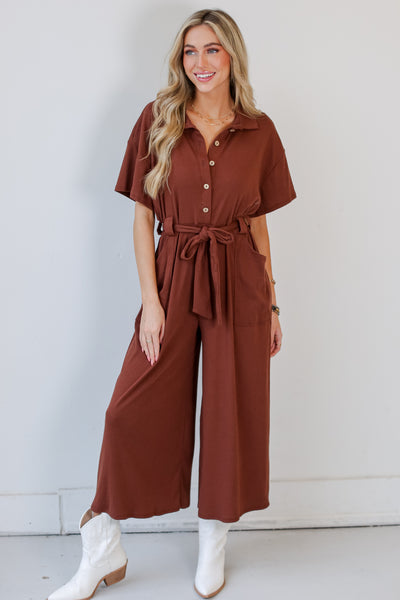 cute brown Ribbed Knit Jumpsuit online dress boutiques