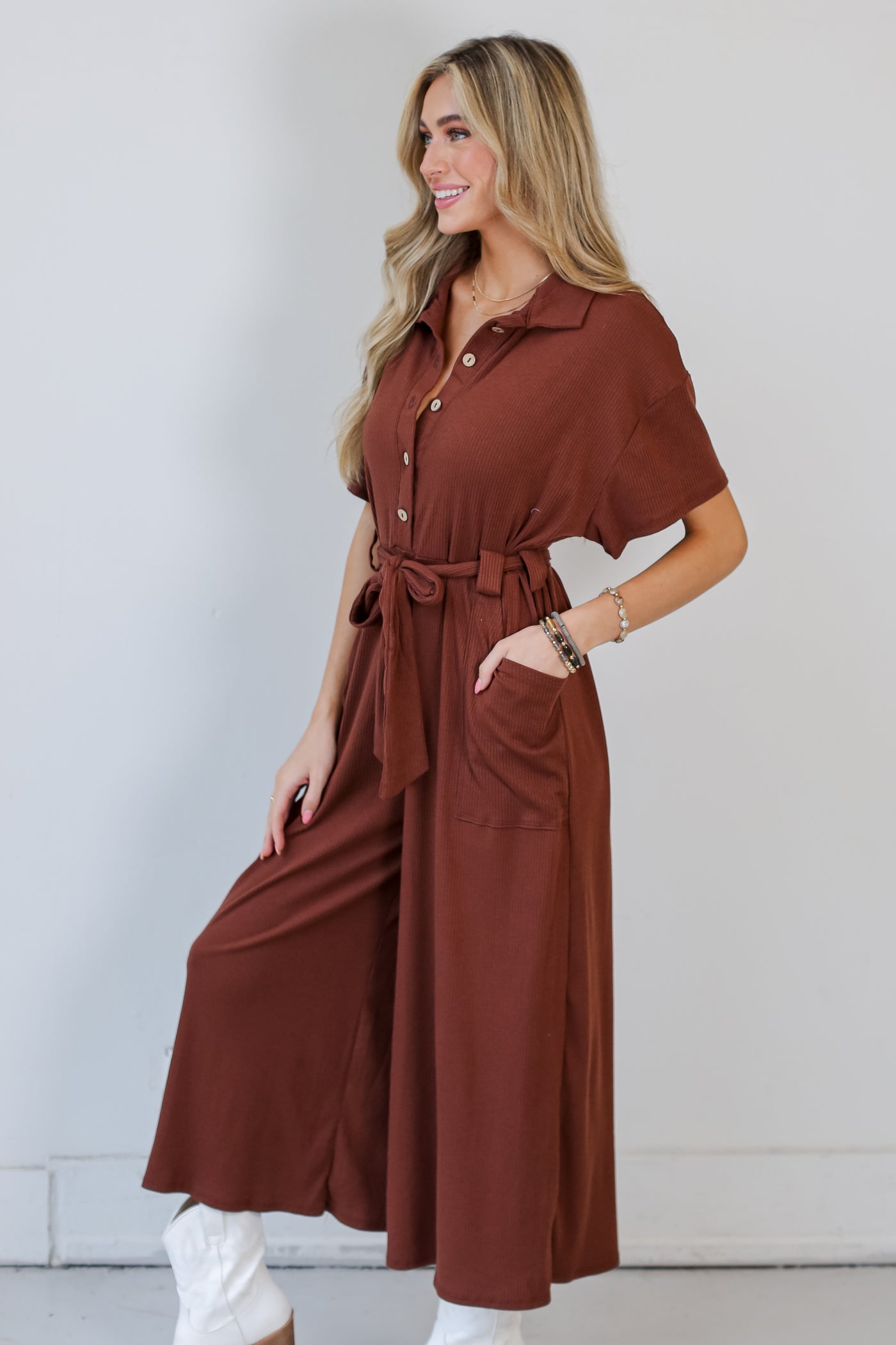 brown Ribbed Knit Jumpsuit side view