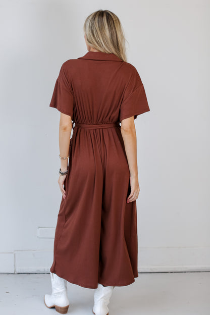 brown Ribbed Knit Jumpsuit back view