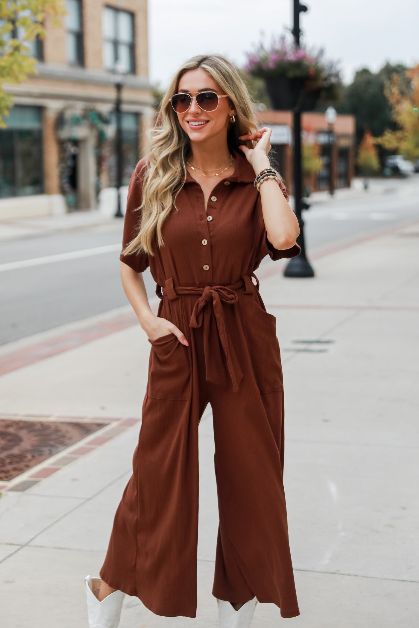 brown Ribbed Knit Jumpsuit online dress boutiques