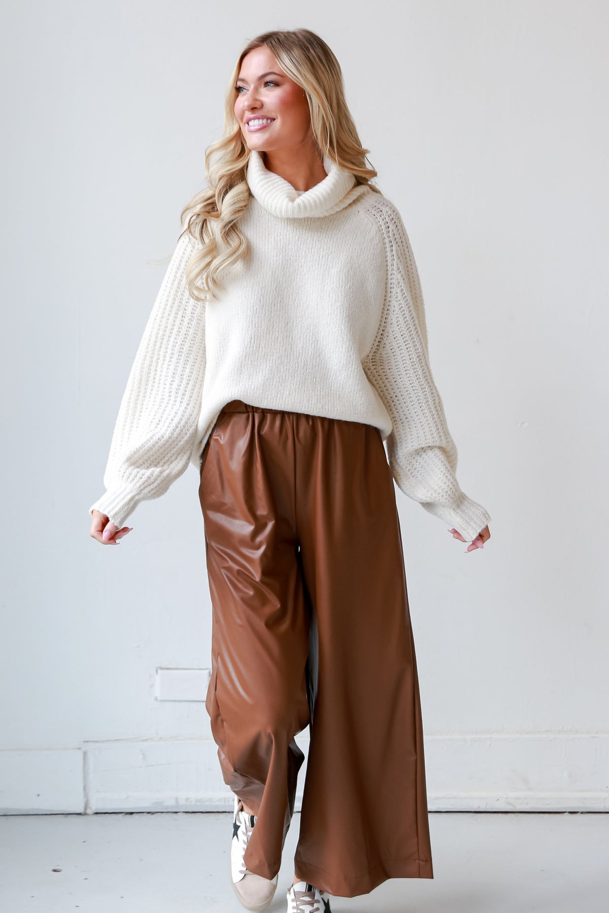 Chic Camel Leather Pants, Trendy Pants For Women