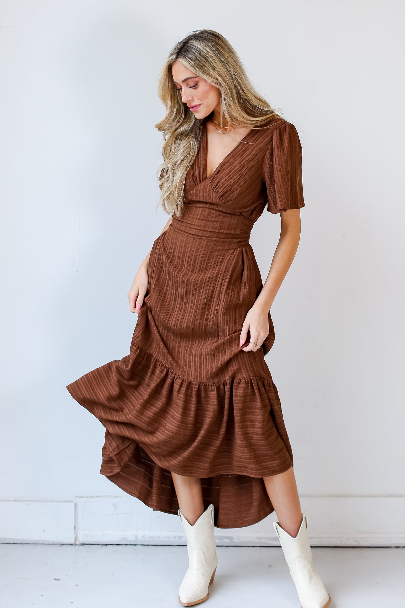 brown Maxi Dress front view with white booties