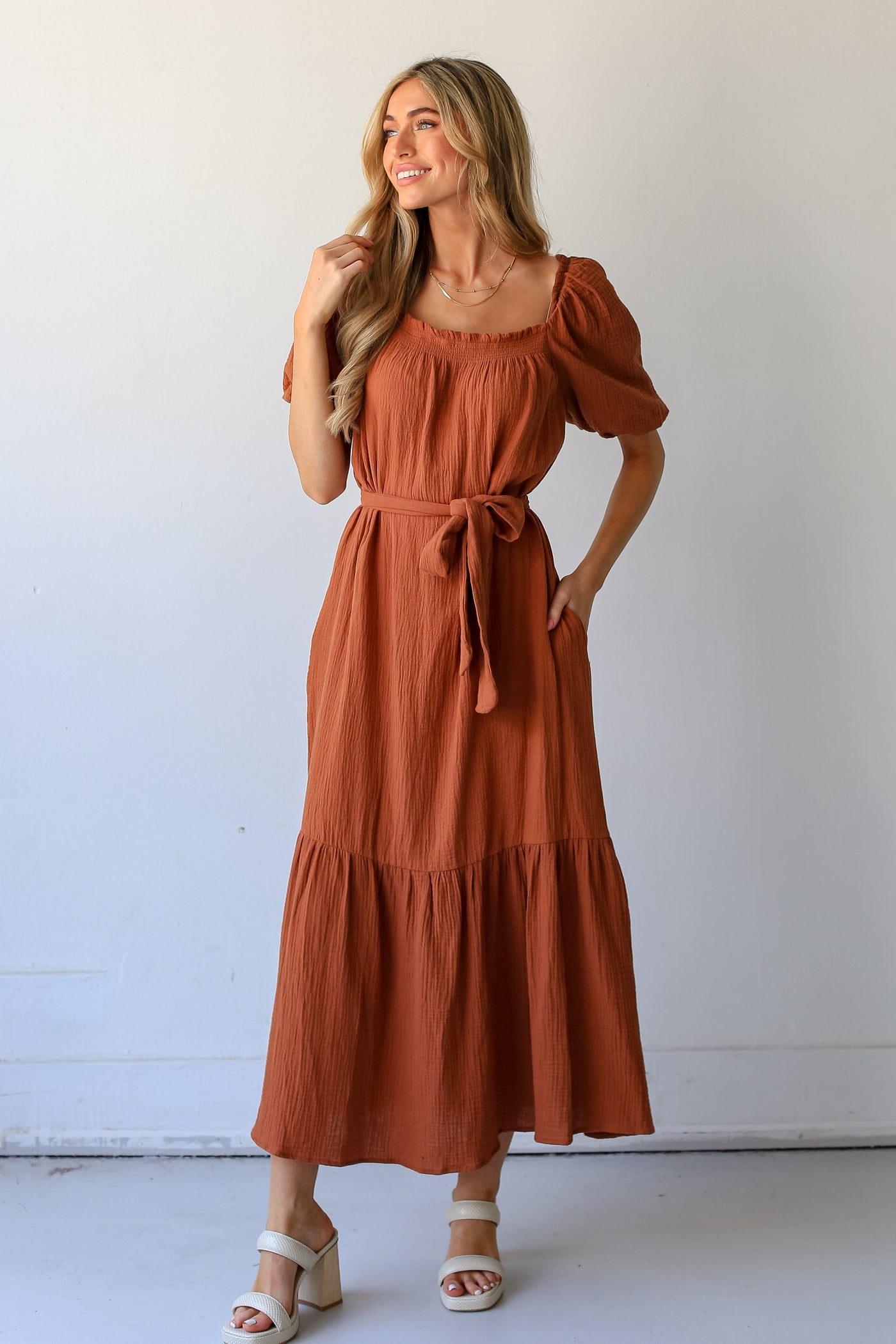rust Linen Maxi Dress on model