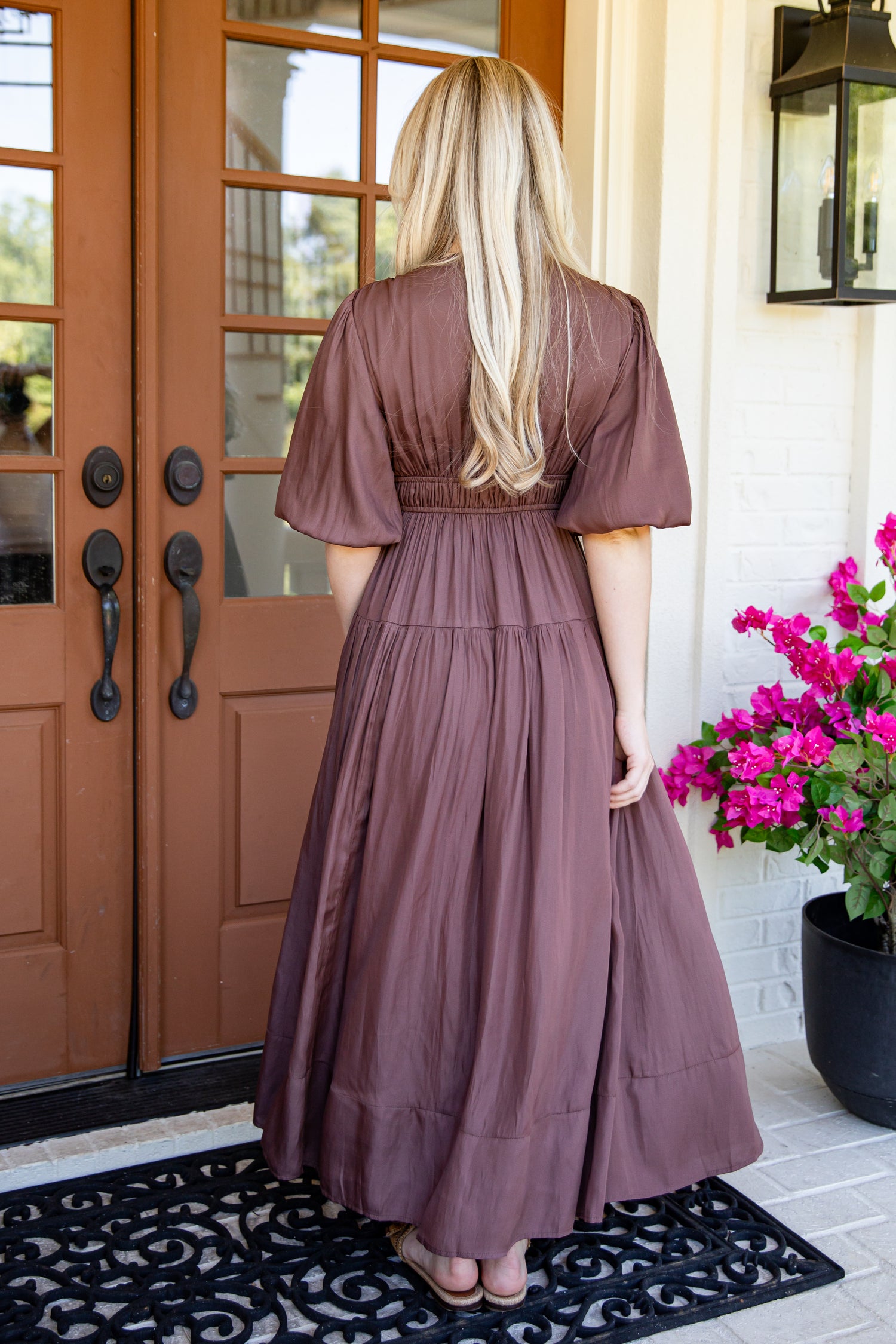 brown tiered dress Dark Striped Ruffle Maxi the Tilly offers a fluid drape and subtle sheen that catches the light beautifully Beautifully Yours Brown Maxi Dress