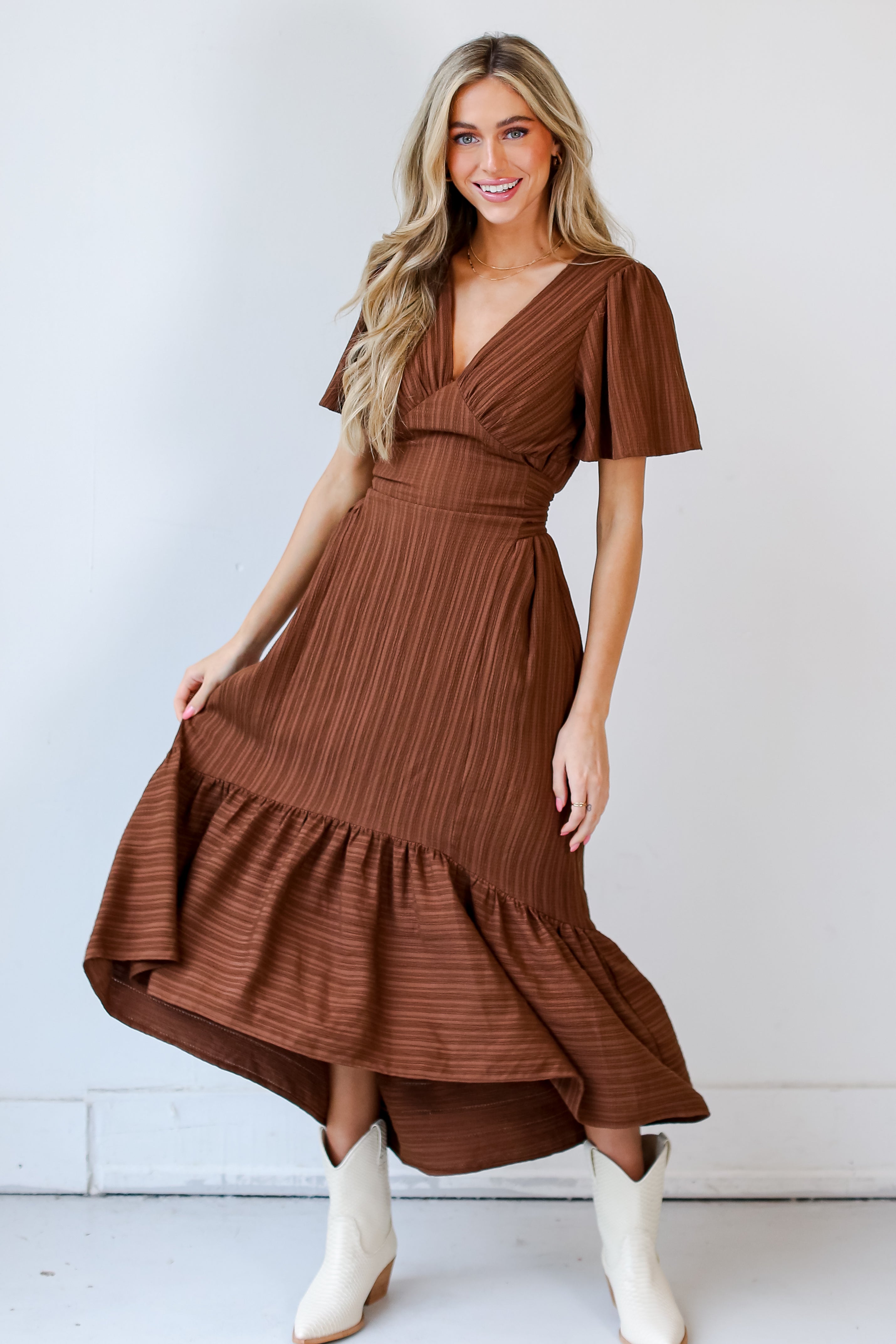 brown Maxi Dress on model with white boots