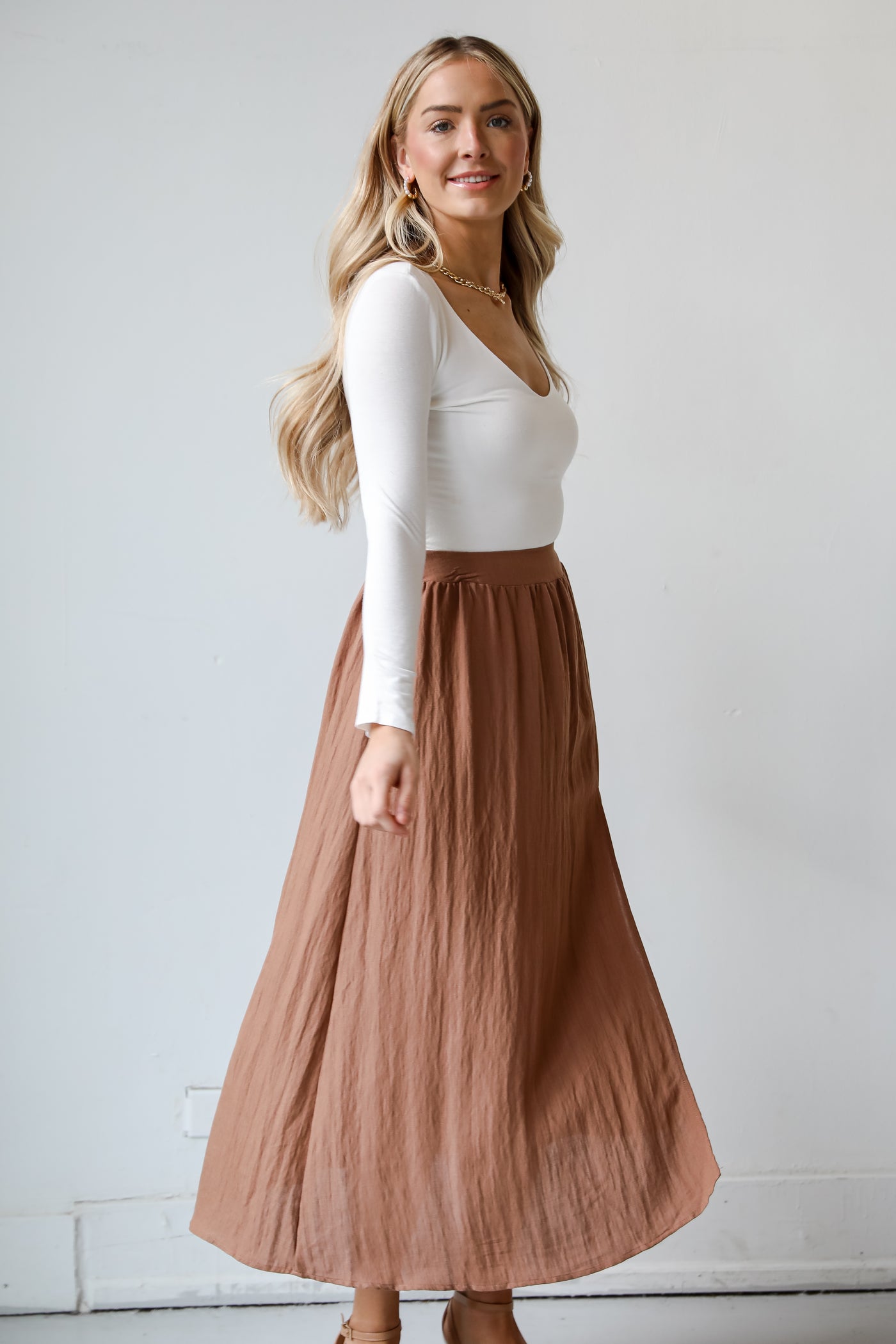 flowy brown maxi skirt