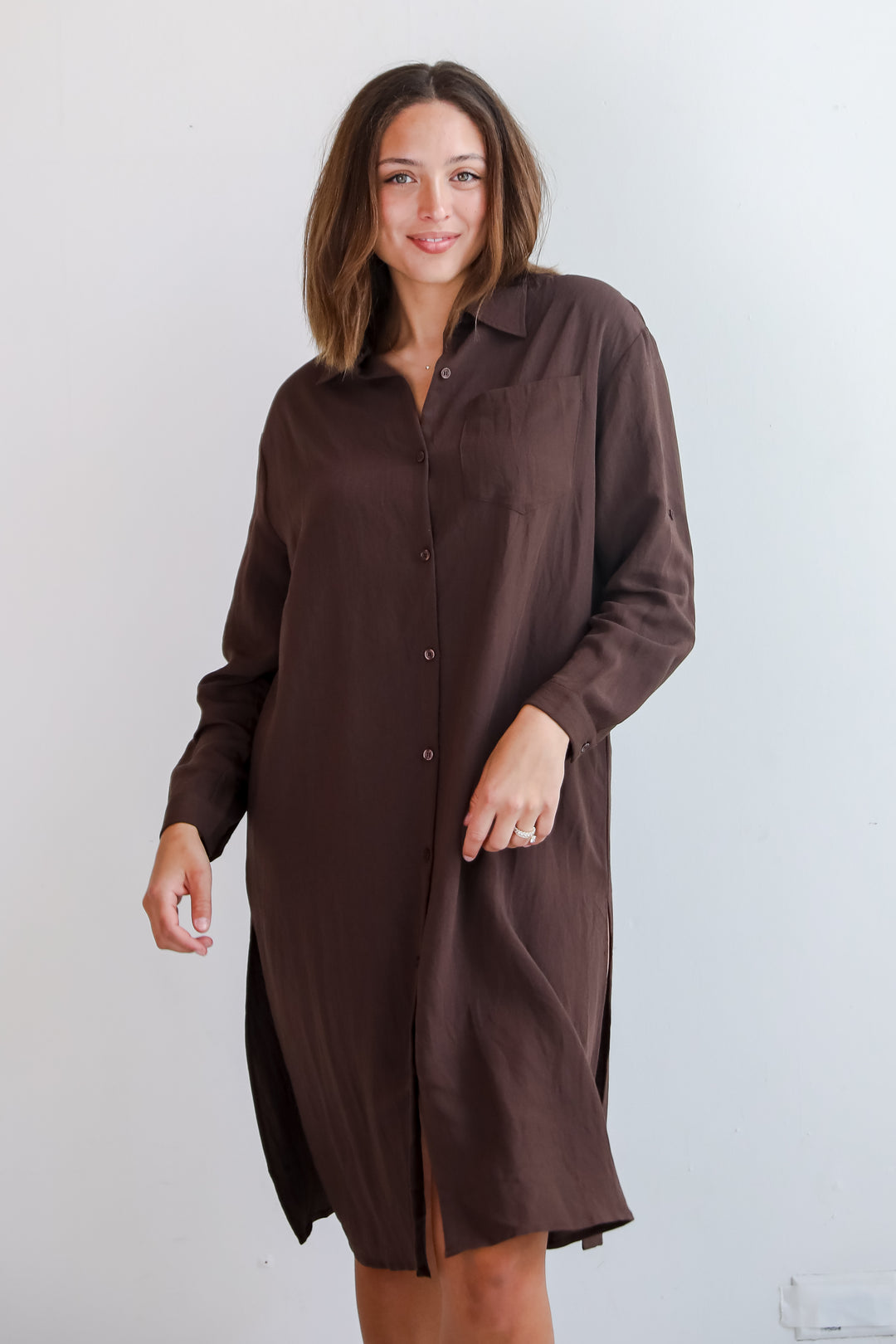 Cherished Chicness Brown Button Front Midi Dress