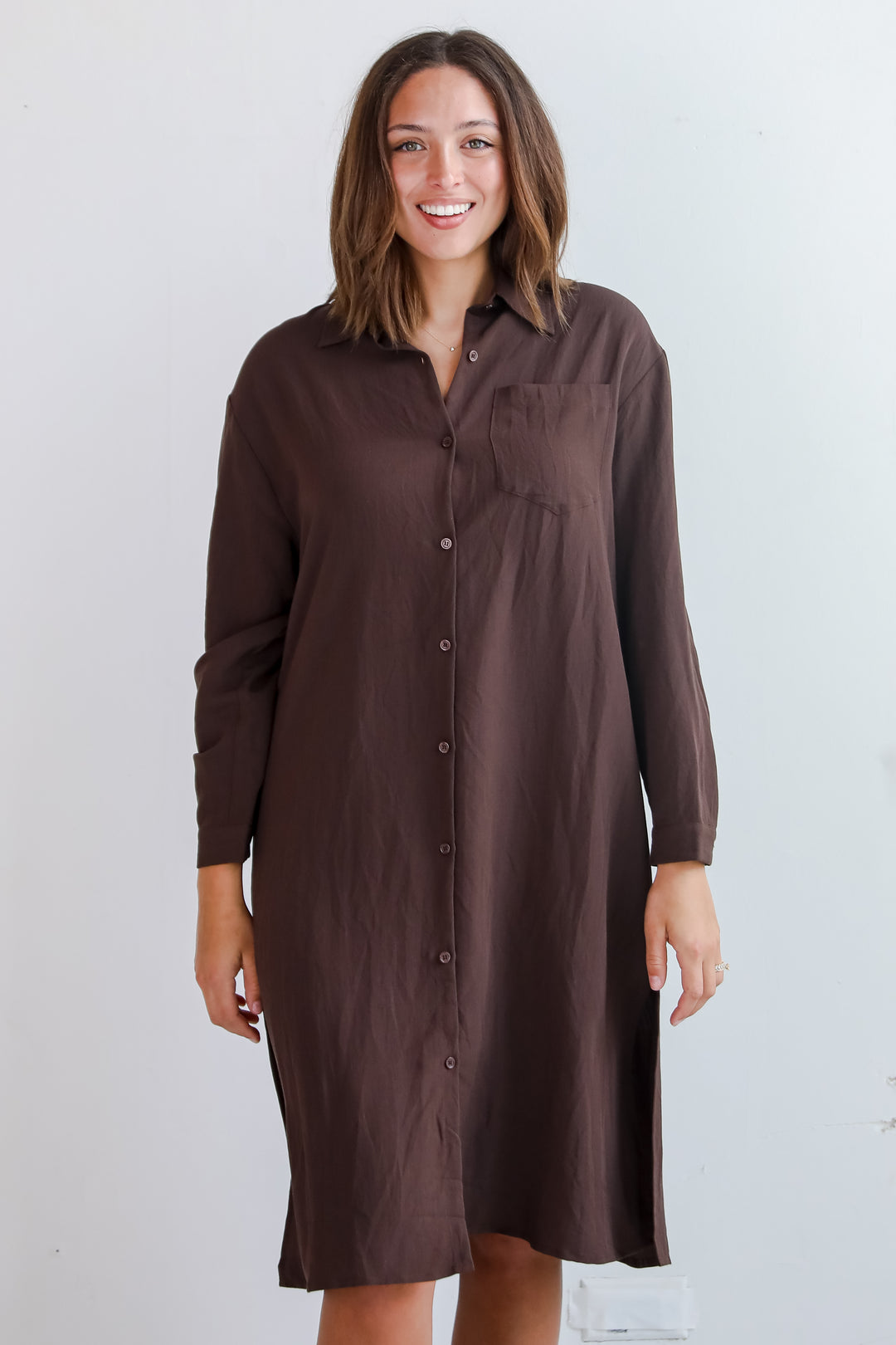 Cherished Chicness Brown Button Front Midi Dress