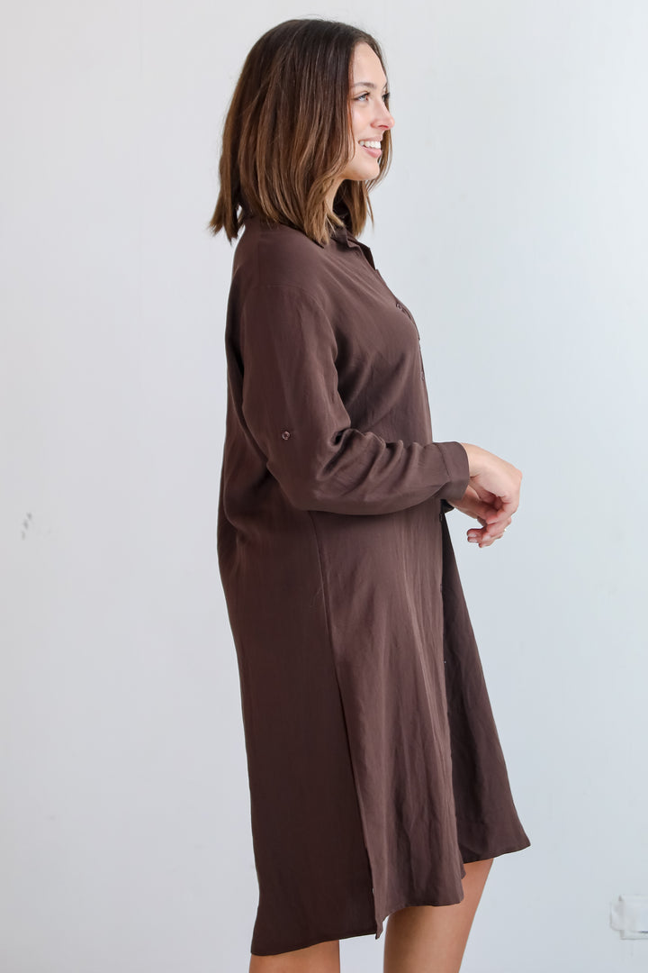 Cherished Chicness Brown Button Front Midi Dress