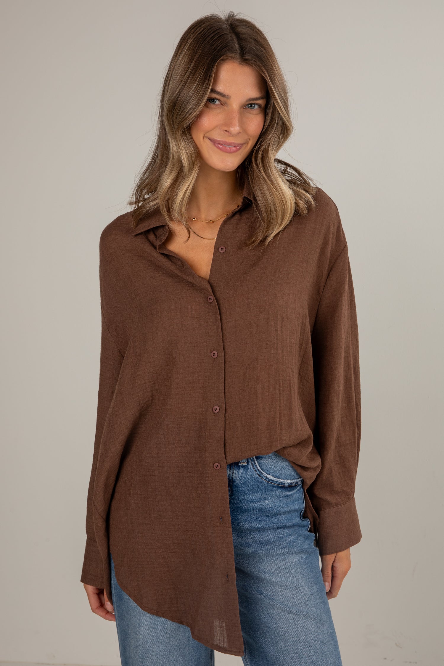 Lightweight Oversized Button-Up Blouse | Trendy Women Tops | DressUp Brown / Medium Lightweight Oversized Button-Up Blouse | Trendy Women Tops | DressUp Brown / Medium
