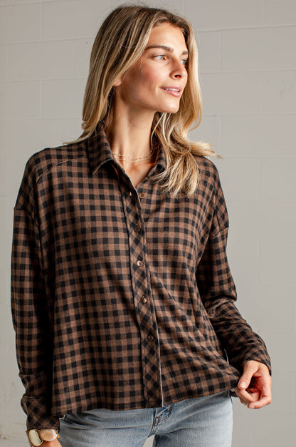 Cabin Social Brown Plaid Button Up Top