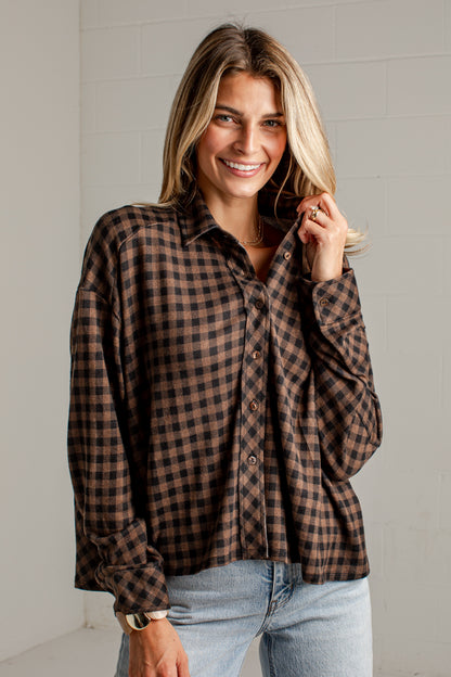 Cabin Social Brown Plaid Button Up Top