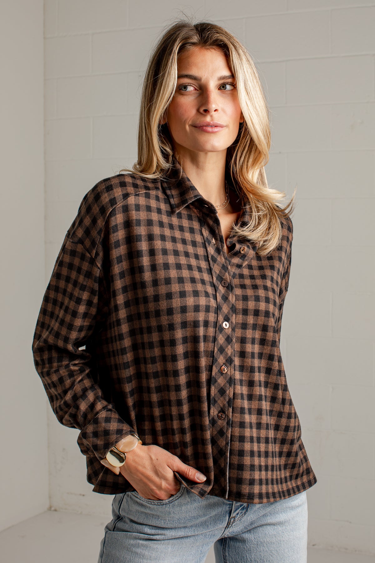 Cabin Social Brown Plaid Button Up Top