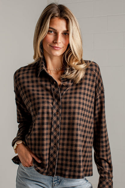 Cabin Social Brown Plaid Button Up Top