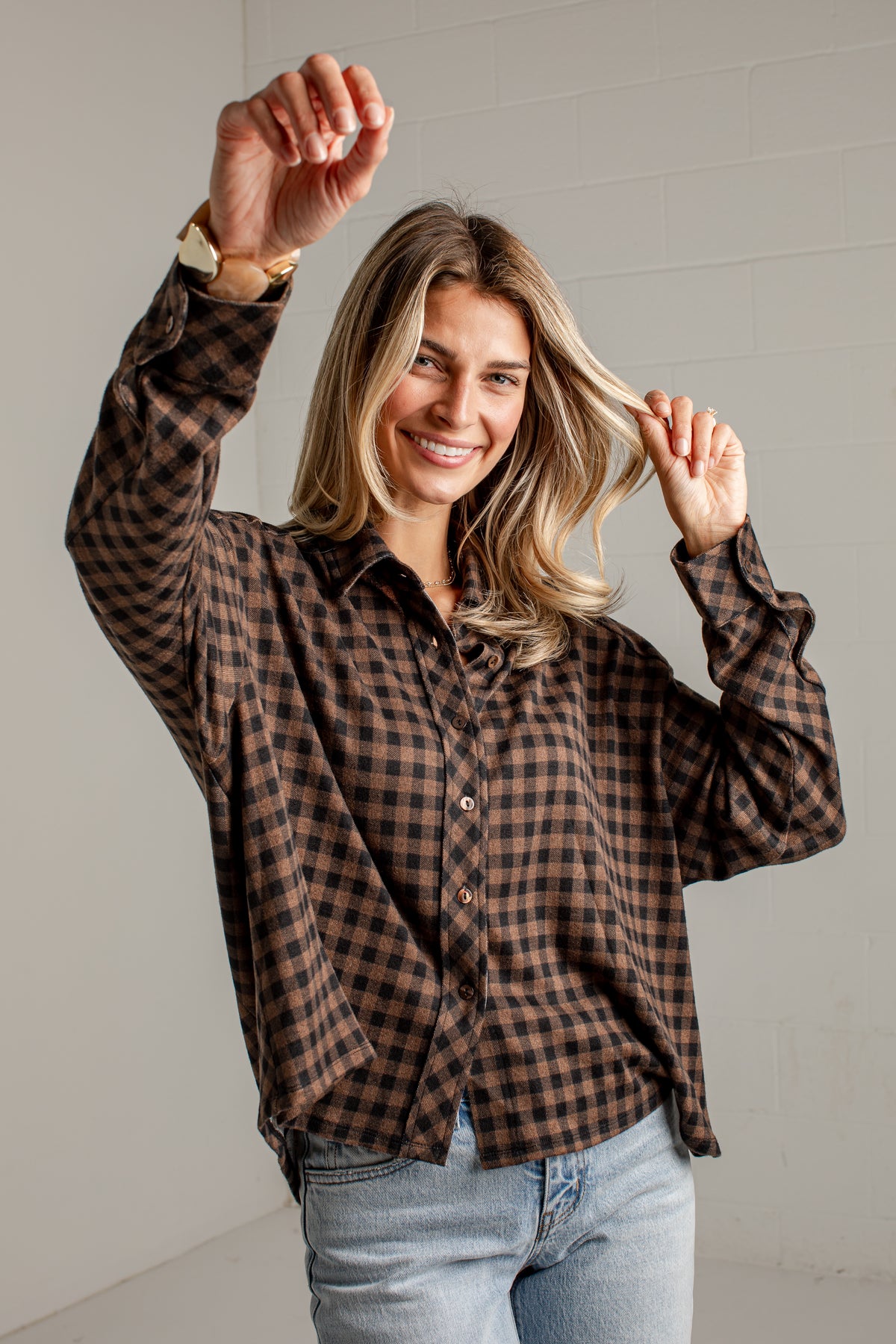 Cabin Social Brown Plaid Button Up Top