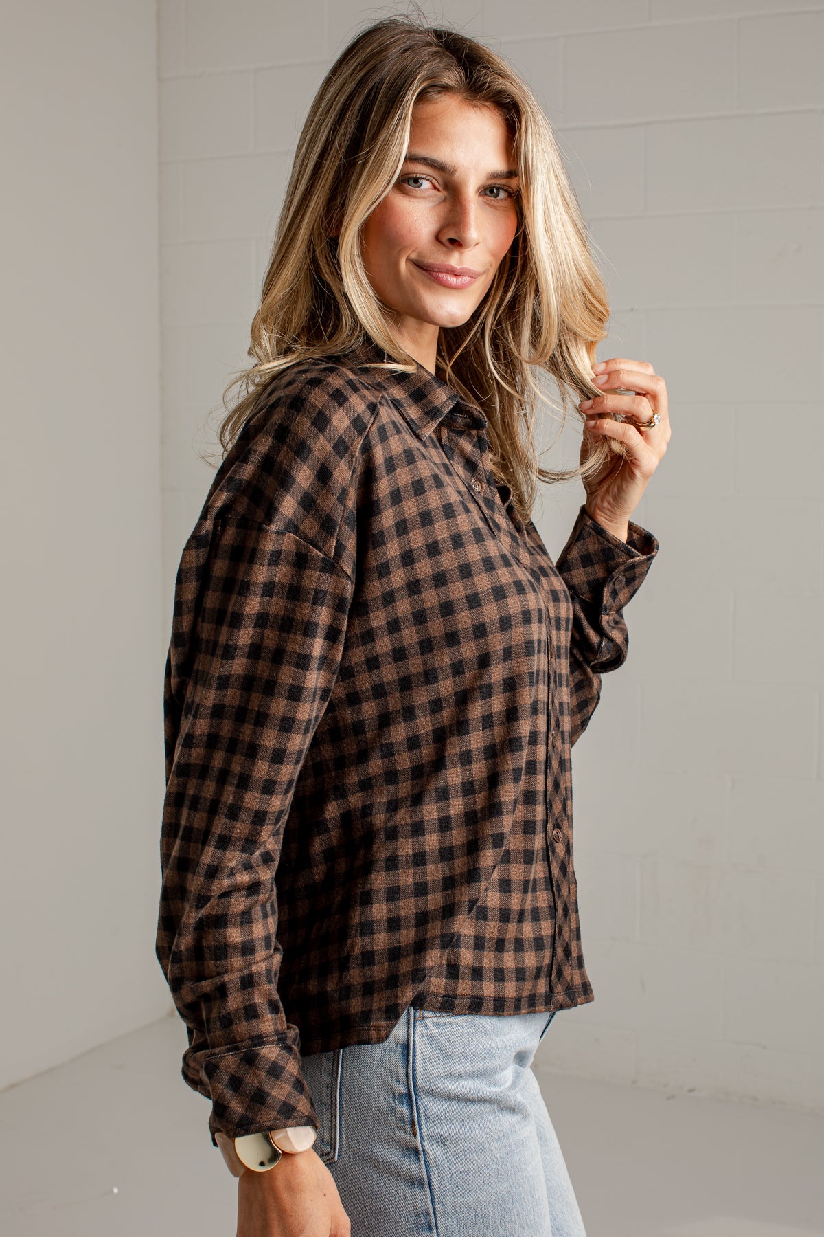 Cabin Social Brown Plaid Button Up Top