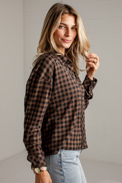 Cabin Social Brown Plaid Button Up Top