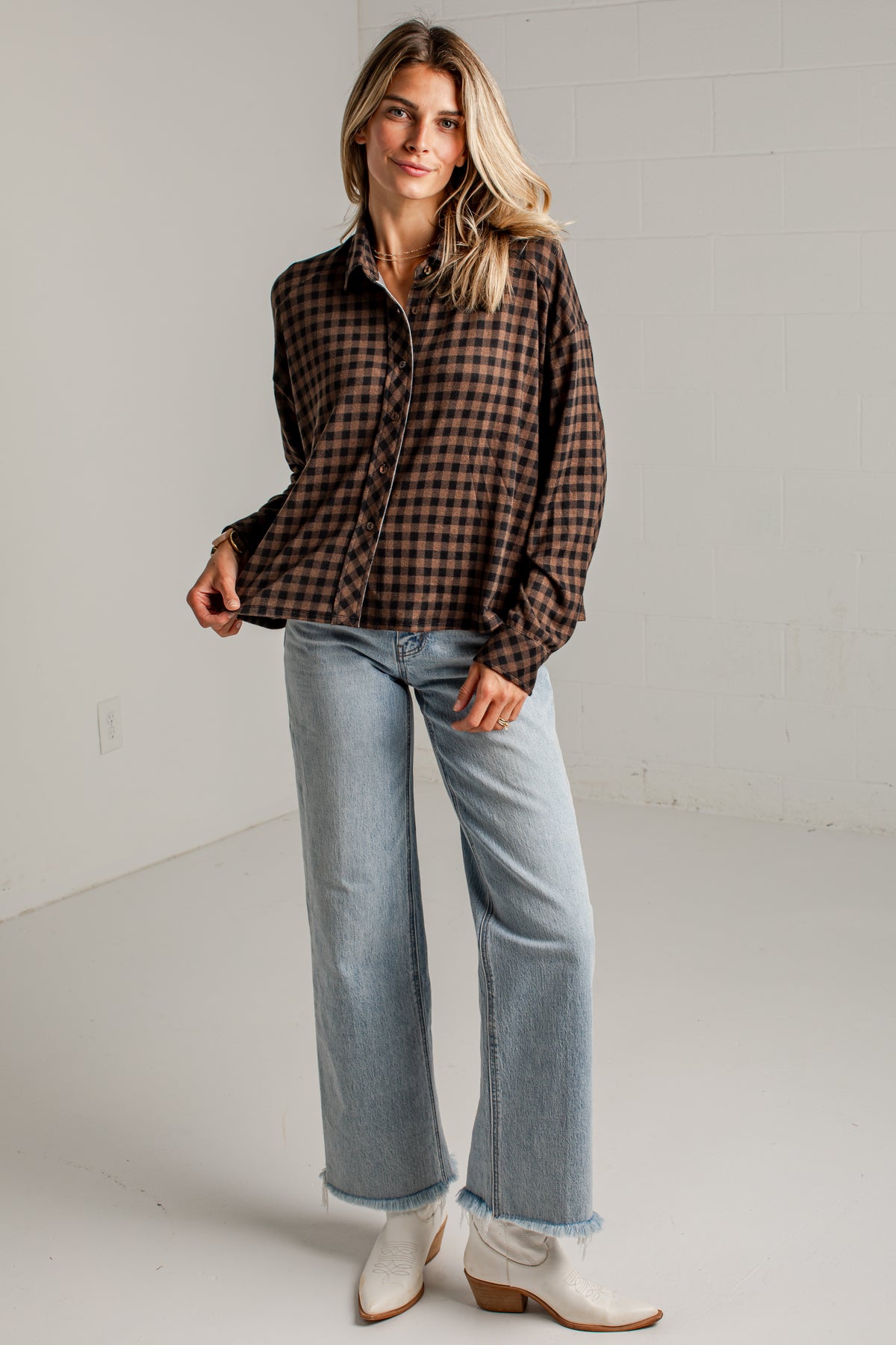 Cabin Social Brown Plaid Button Up Top