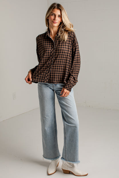 Cabin Social Brown Plaid Button Up Top
