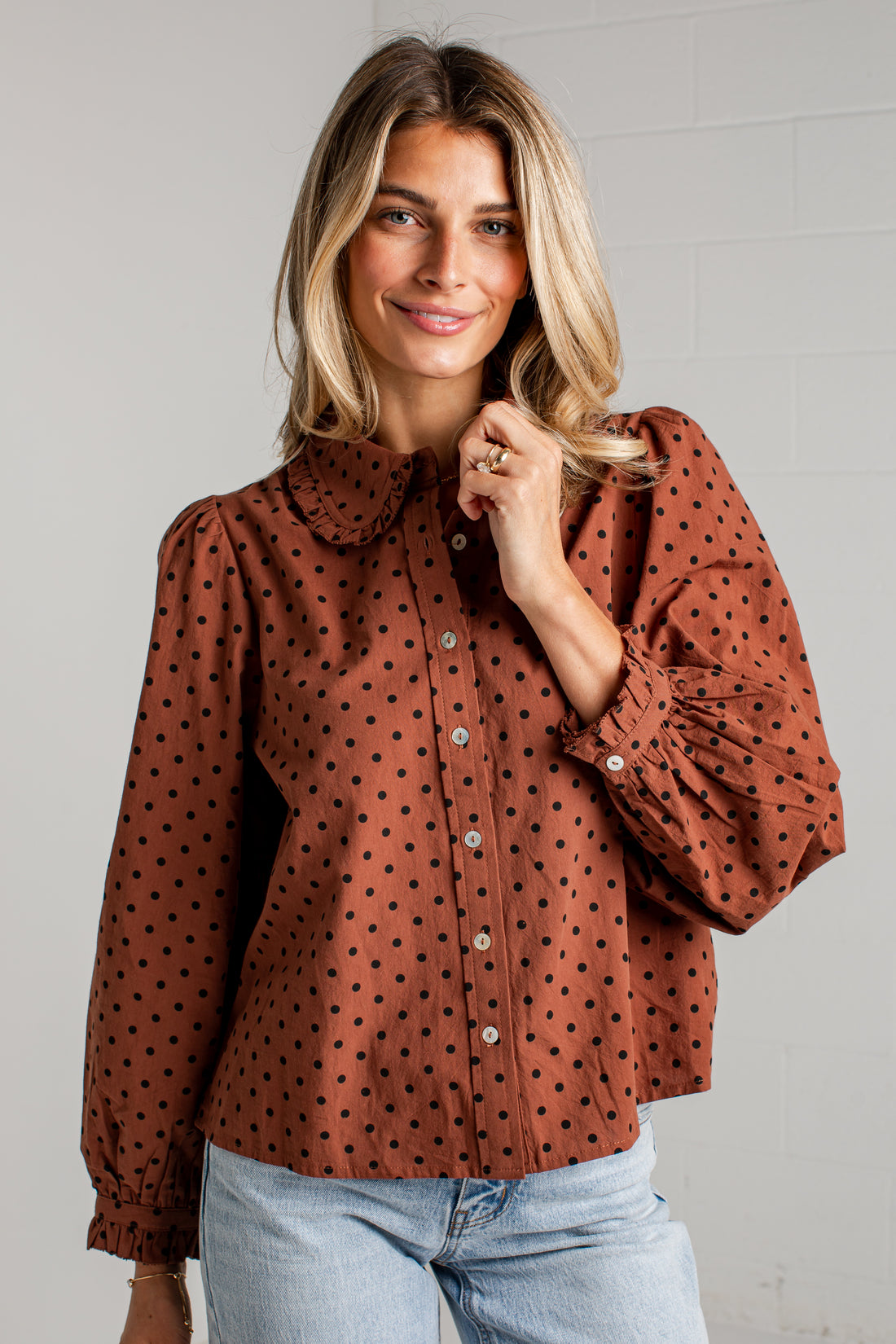 Sweet Details Polka Dot Brown Button Up Blouse