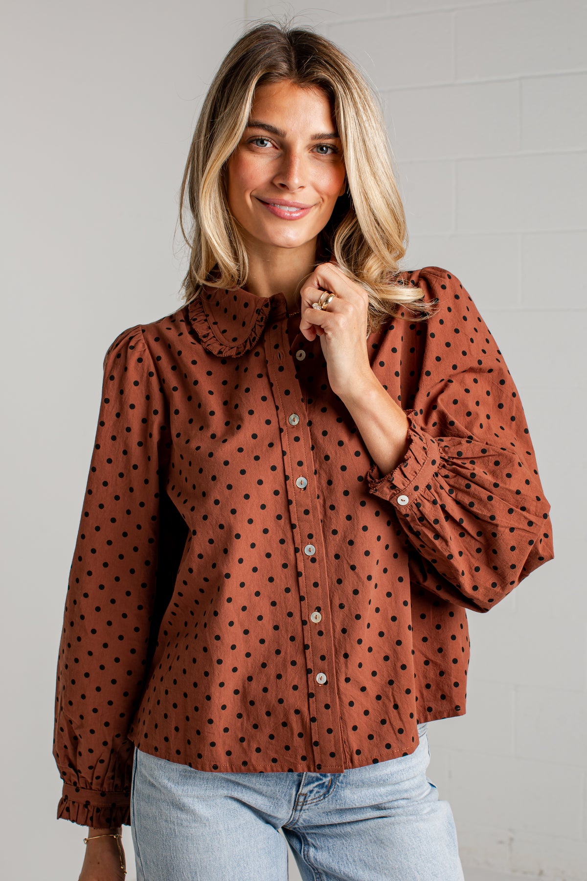 Sweet Details Polka Dot Brown Button Up Blouse