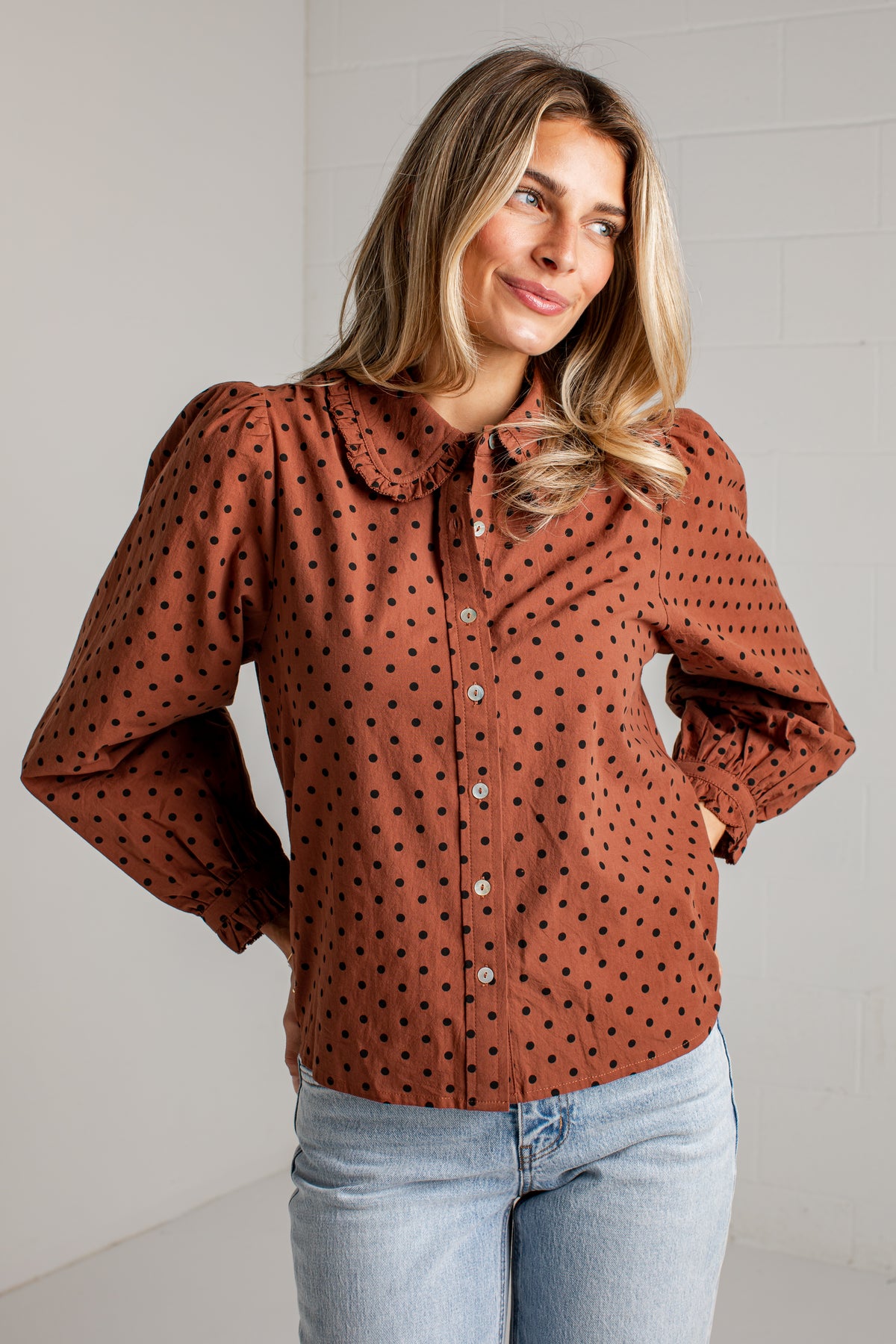 Sweet Details Polka Dot Brown Button Up Blouse