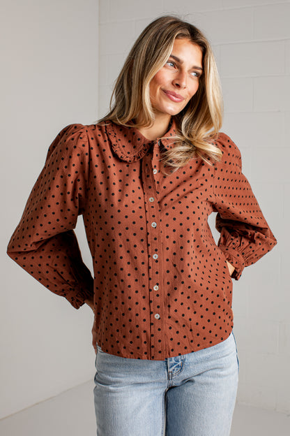 Sweet Details Polka Dot Brown Button Up Blouse