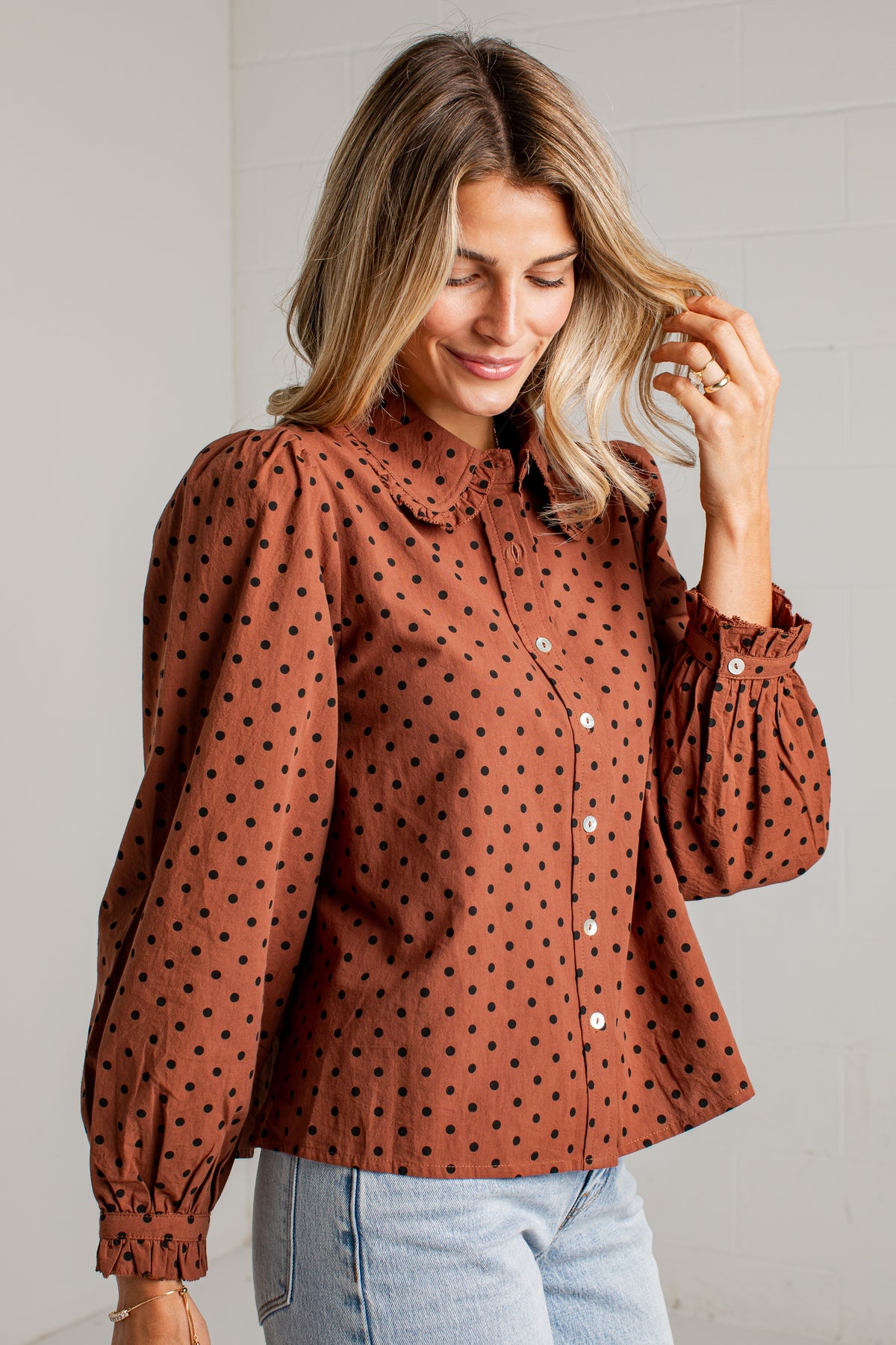 Sweet Details Polka Dot Brown Button Up Blouse