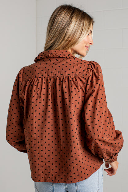 Sweet Details Polka Dot Brown Button Up Blouse