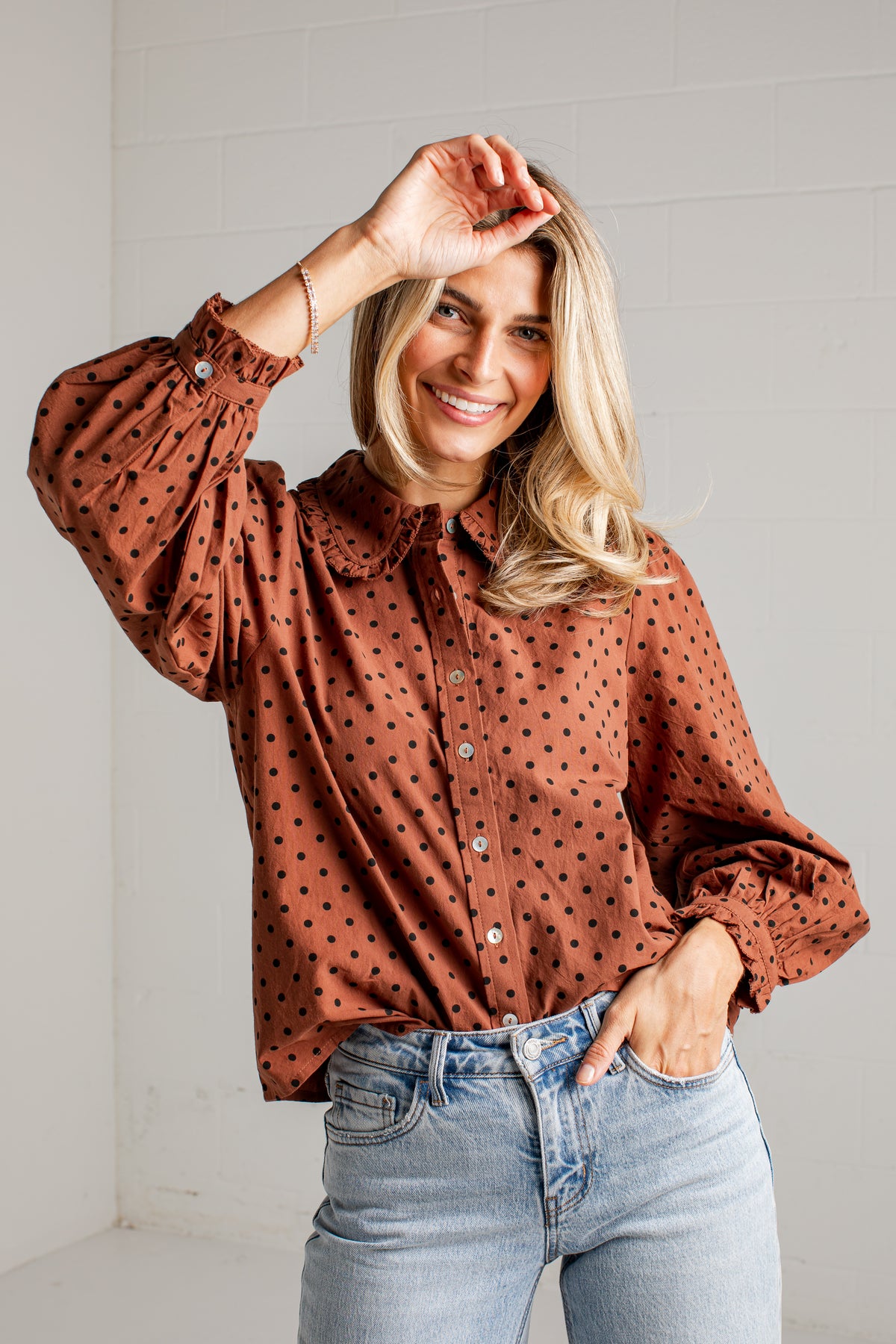 Sweet Details Polka Dot Brown Button Up Blouse