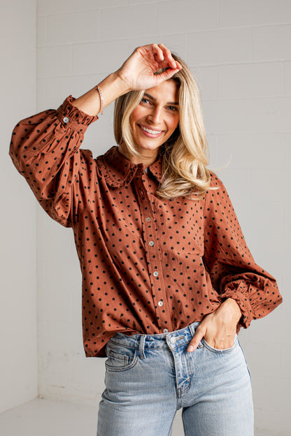 Sweet Details Polka Dot Brown Button Up Blouse