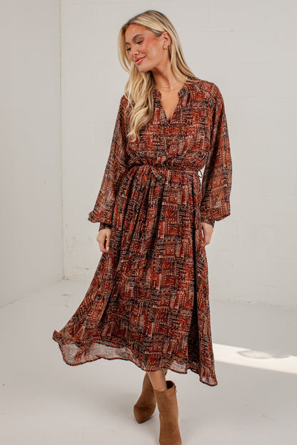 Flourish With Grace Brown Printed Midi Dress