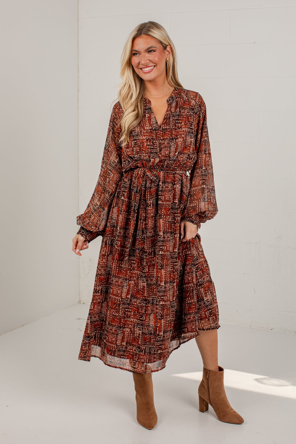 Flourish With Grace Brown Printed Midi Dress