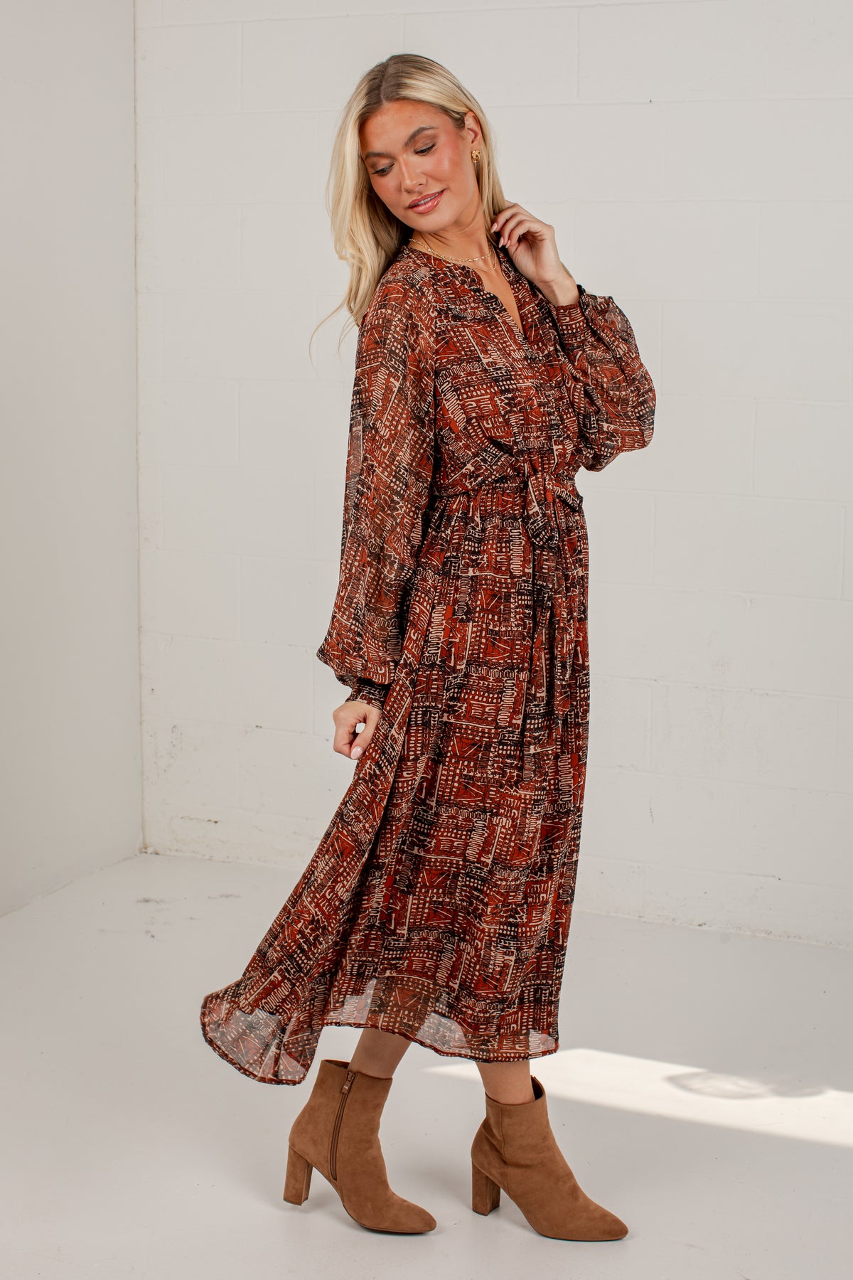 Flourish With Grace Brown Printed Midi Dress