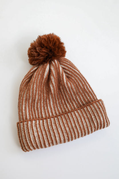 Exceptionally Cozy Brown Ribbed Pom Pom Beanie