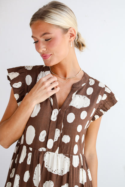 Simply Desirable Brown Dotted Tiered Midi Dress