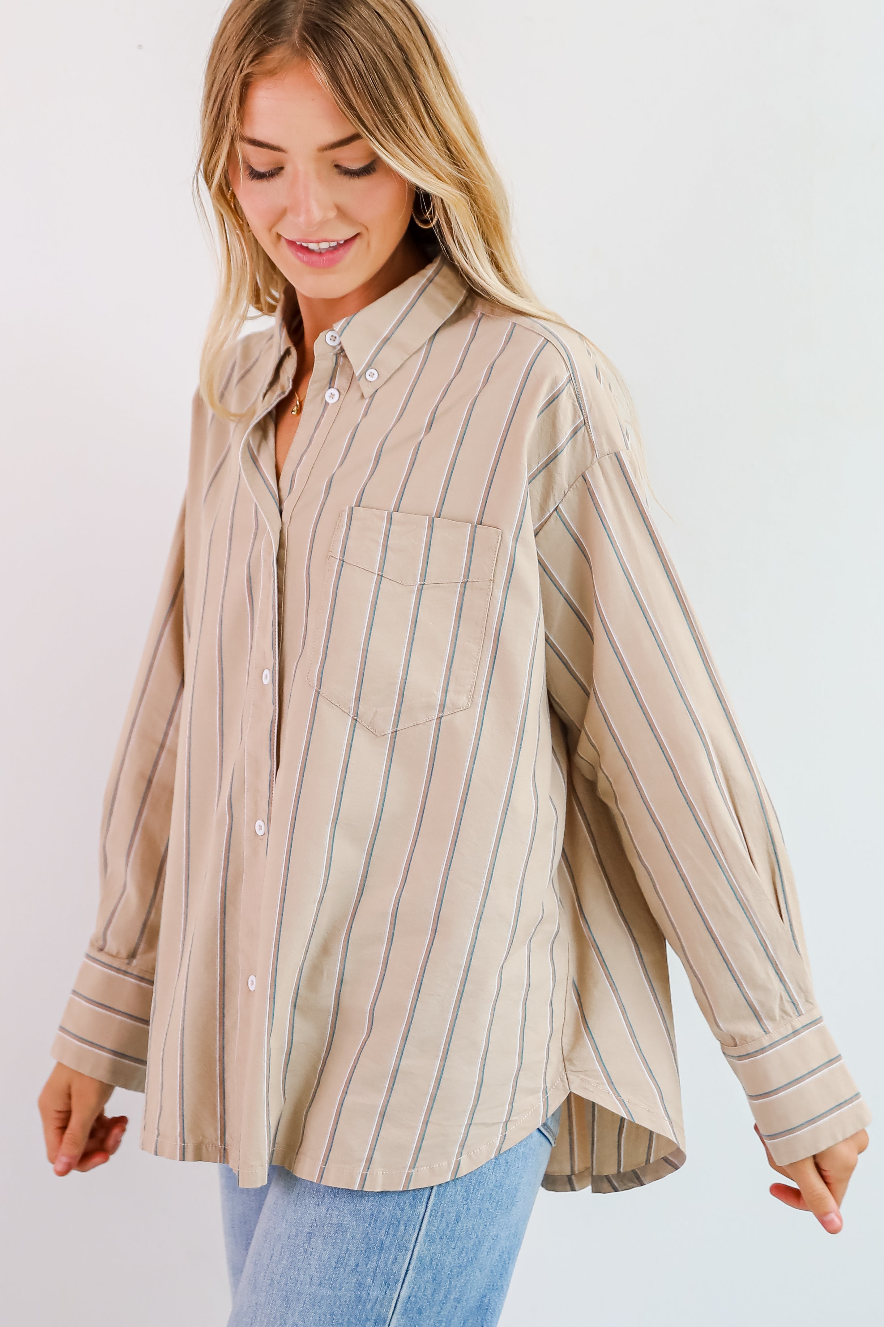 Convincingly Chic Taupe Striped Button-Up Blouse