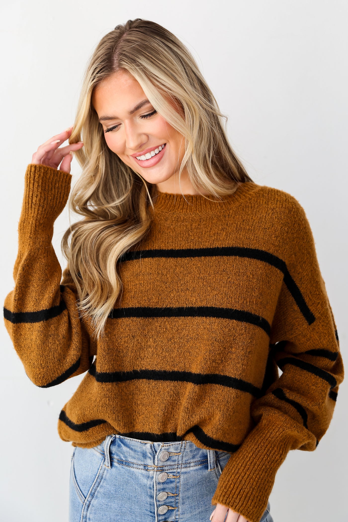 Camel Striped Oversized Sweater front view